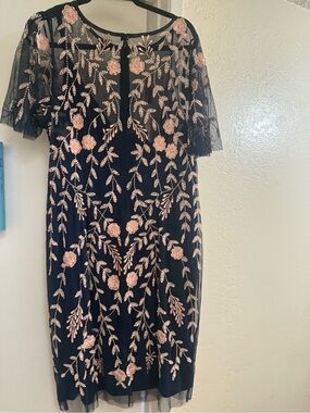 Adrianna Papell Black Midi Dress with Pink Floral Embroidery